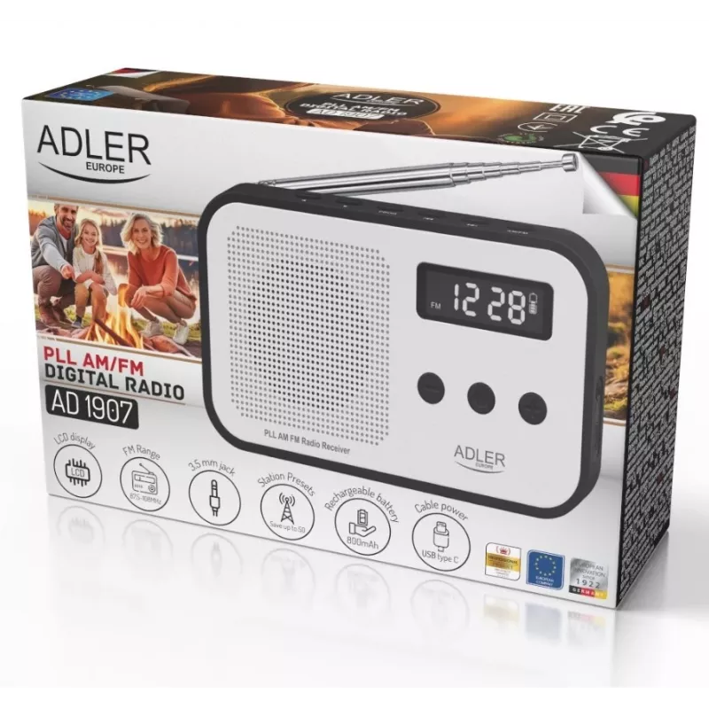 Portable digital radio Adler AD 1907 — AM/FM, digital tuner, alarm, USB-C, 600 mAh battery, LCD, 20 presets, telescopic antenna