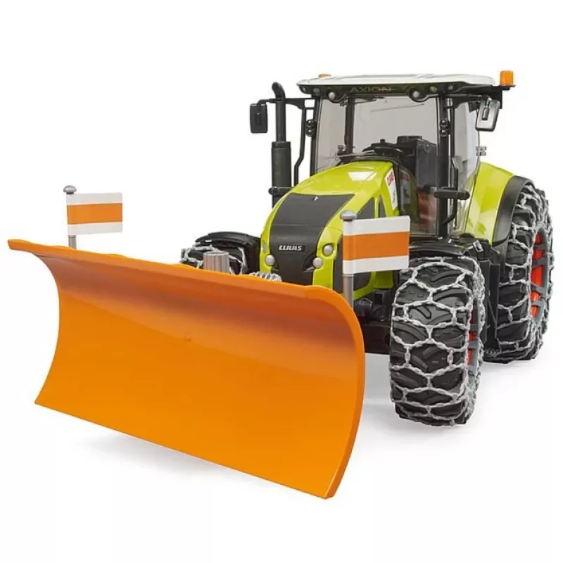 Toy tractor BRUDER Claas Axion 950 with snow chains and snow blade, scale model