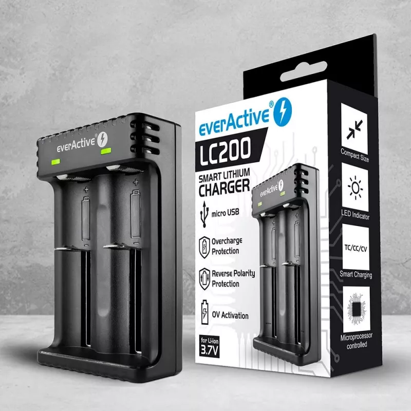 Battery charger everActive LC200 household USB, 2-bay, Li-Ion, supports A/AA/AAA/AAAA/C/D, 5 V input, 4.2 V output, black