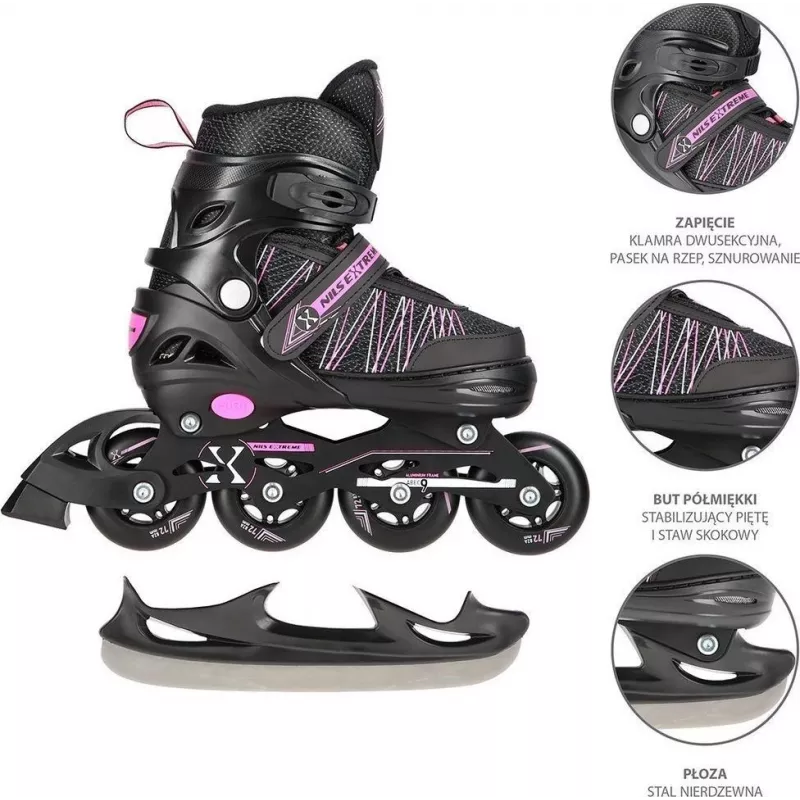 Nils Extreme NH11912 A 2IN1 Skates BLACK/PINK SIZE. S (31-34) With Interchangeable Hockey Skates