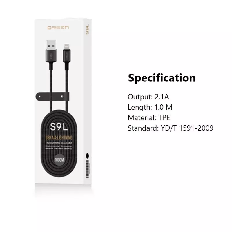 USB-A to Lightning Cable Orsen S9L 1 m 2.1A — black