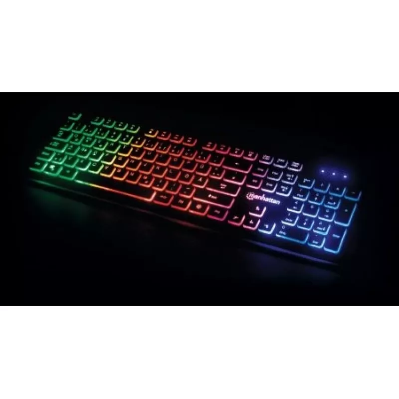 Manhattan Gaming USB Keyboard, Low Force Key Edition, 12 Multimedia Keys, Rainbow-LED Backlighting, USB-A, Black, Retail Box (German layout)