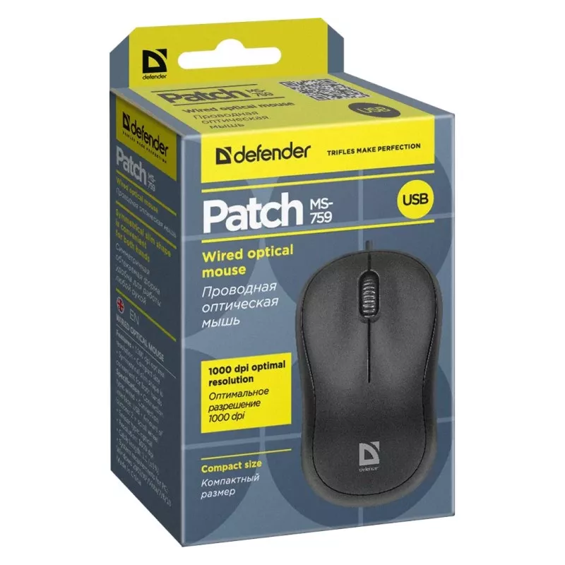 Wired optical mouse DEFENDER PATCH MS-759 USB Type-A, ambidextrous, 1000 DPI, black