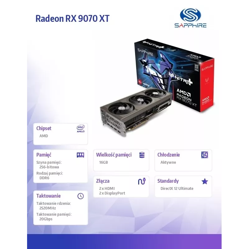 Sapphire graphics card Radeon RX 9070 XT, 16 GB GDDR6, PCIe 5.0, 256-bit, 330W TDP