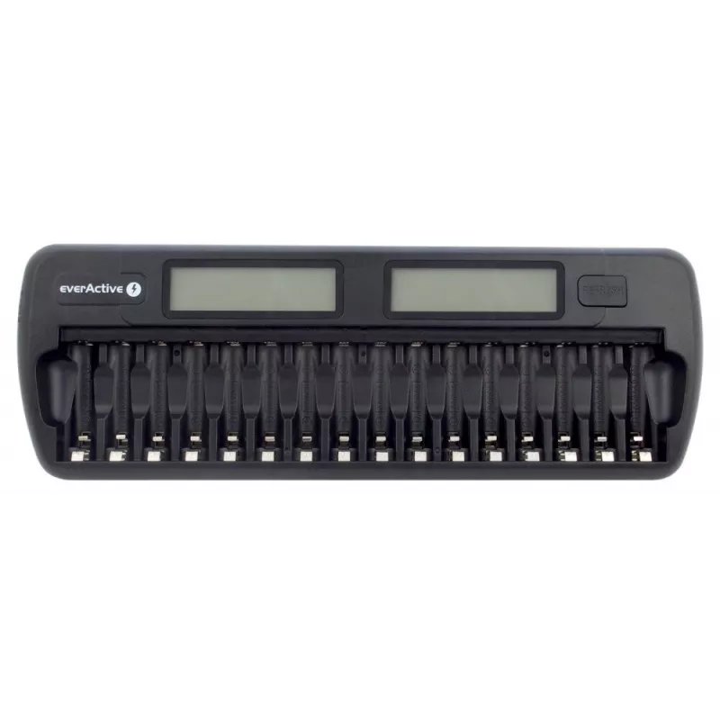 Battery charger everActive NC-1600 — universal DC charger for Li-Ion, supports 16 cells, compatible sizes AA/AAA/C, black, AC 100–240V 50–60Hz