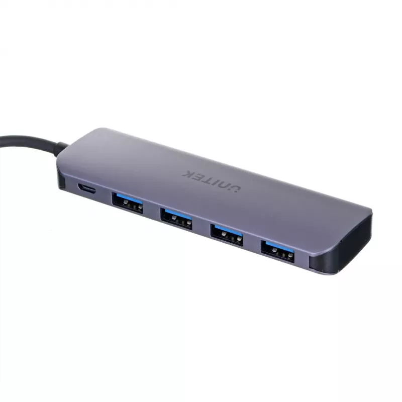USB hub Unitek P5+ — 5 ports (4 × USB 3.2 Gen 2 Type-A), USB 3.2 Gen 1 host, 5 Gbit/s, 10 W PD, aluminium, grey