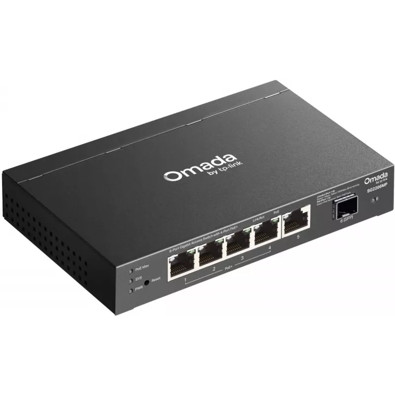 Network switch TP‑LINK SG2206MP L2 Gigabit Ethernet PoE 5‑port (5x Gigabit, 1x SFP, PoE+ 4 ports, 63W budget)