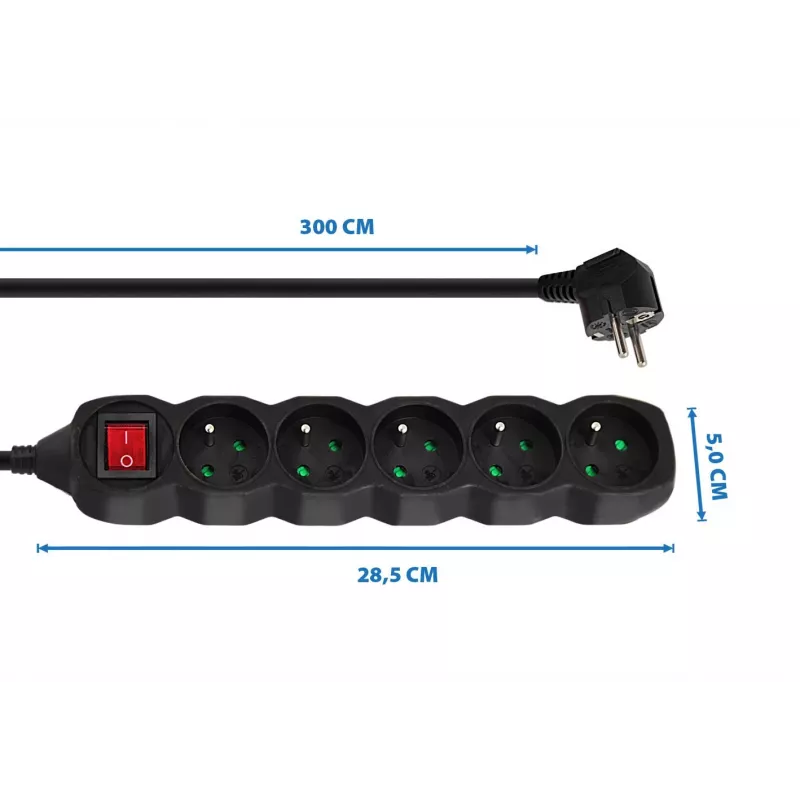 Power extension ESPERANZA ELK215K – 3 m cable, 5 Type E AC outlets, indoor, black