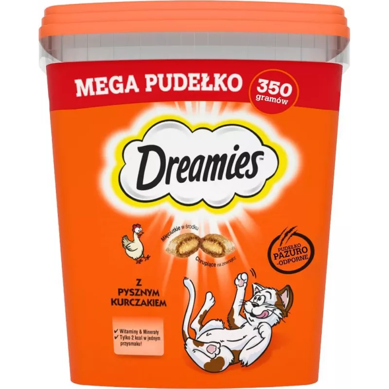 Treats Dreamies mixed flavours with chicken and cheese 350 g — crunchy meaty snack for adult cats, protein 22%, fat 22%