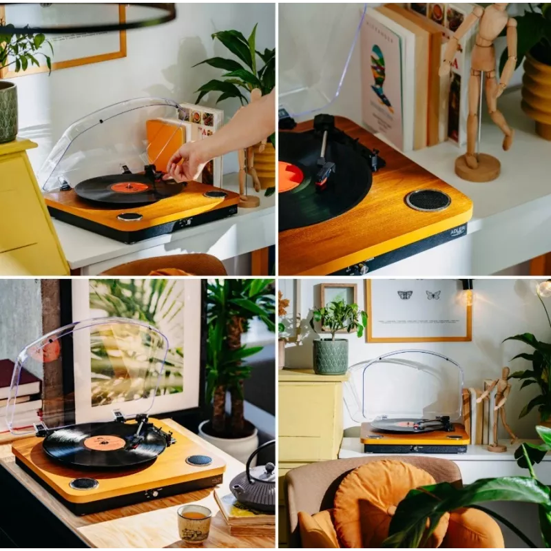 Analogue belt-drive turntable Adler AD 1914 with USB port, ceramic platter, DC motor, 33 1/3 rpm, Bluetooth 5.4, RCA outputs, built-in speakers