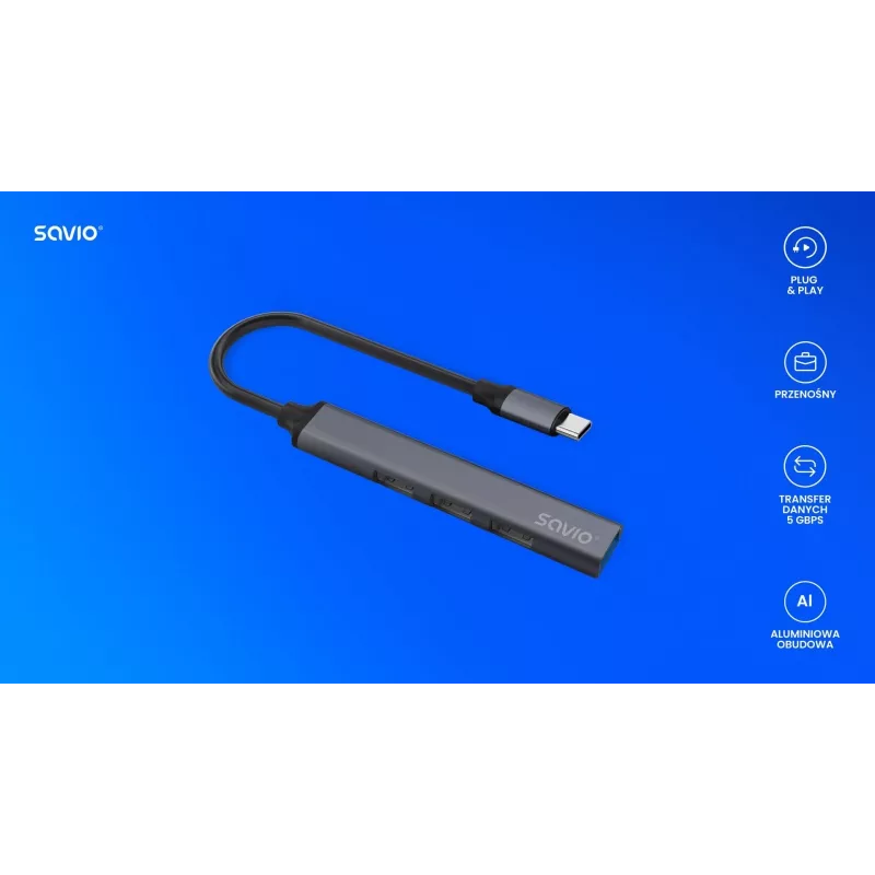 USB 3.0 4-port interface hub SAVIO AK-71 with USB-C host, 5000 Mbit/s, 2-year warranty
