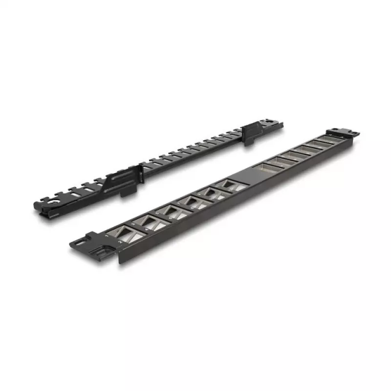 DELOCK 19 inch Keystone Patch Panel 24-port angled with strain relief, 1U, black, 482.6×125.5×44.2 mm