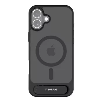 Protective phone case Torras Pstand Series for iPhone 16 Plus — black, slim profile, built-in stand