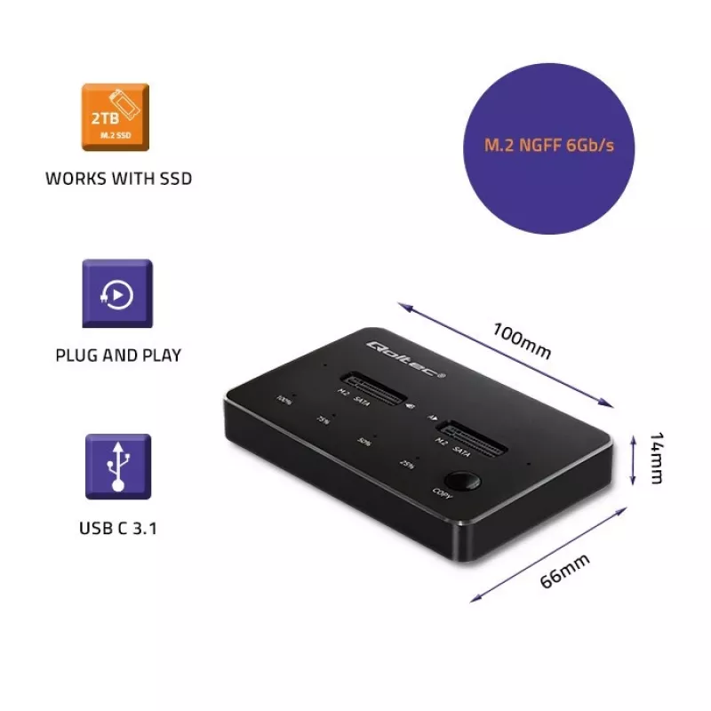 Qoltec 50310 Drive docking station 2x SSD M.2 SATA NGFF USB Type C