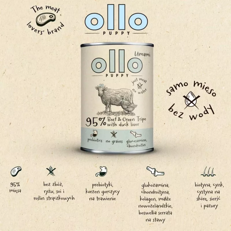 OLLO Puppy Umami Beef and Green Tripe with Duck Liver - wet dog food - 400g