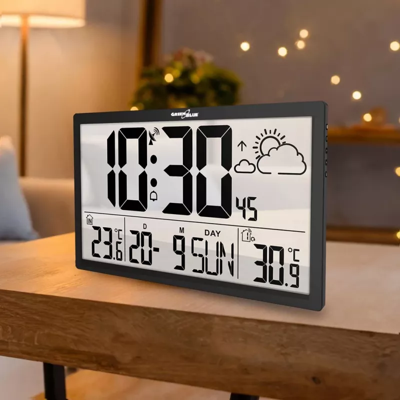 Wall clock GreenBlue GB218 — extra large LCD, weather station, indoor/outdoor temperatures, date display