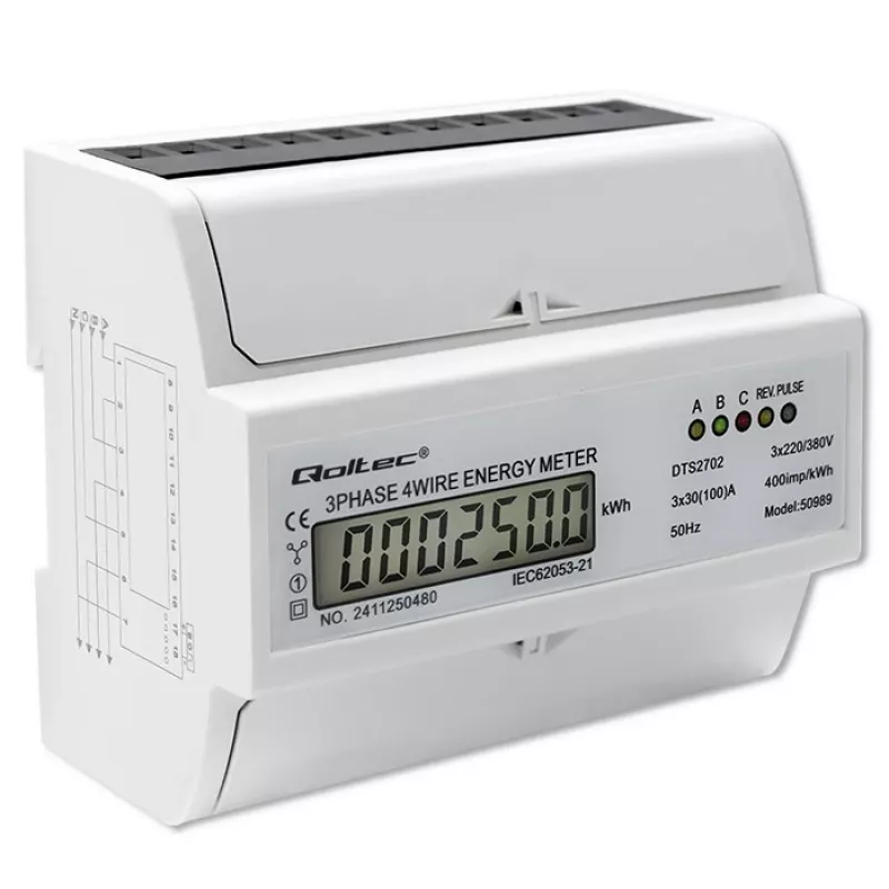 Qoltec Three Phase Bi-Directional Electronic Meter | DIN rail energy consumption meter | 400V | 100A | LCD | 4P