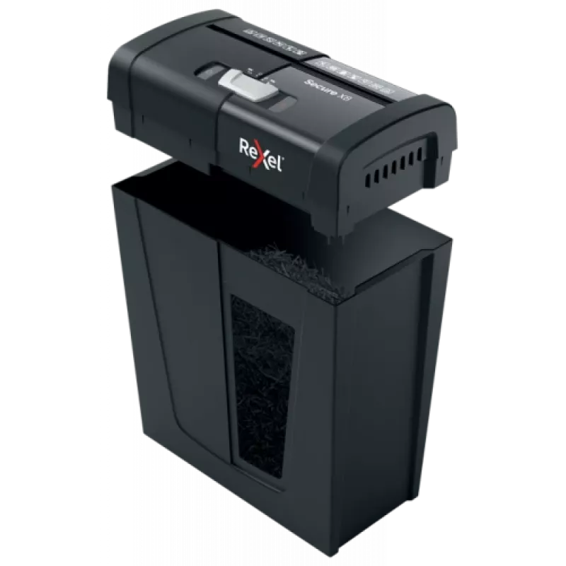 Paper shredder REXEL Secure X8 — cross-cut P-4, 4x40 mm, 8-sheet capacity, 14 L bin, black