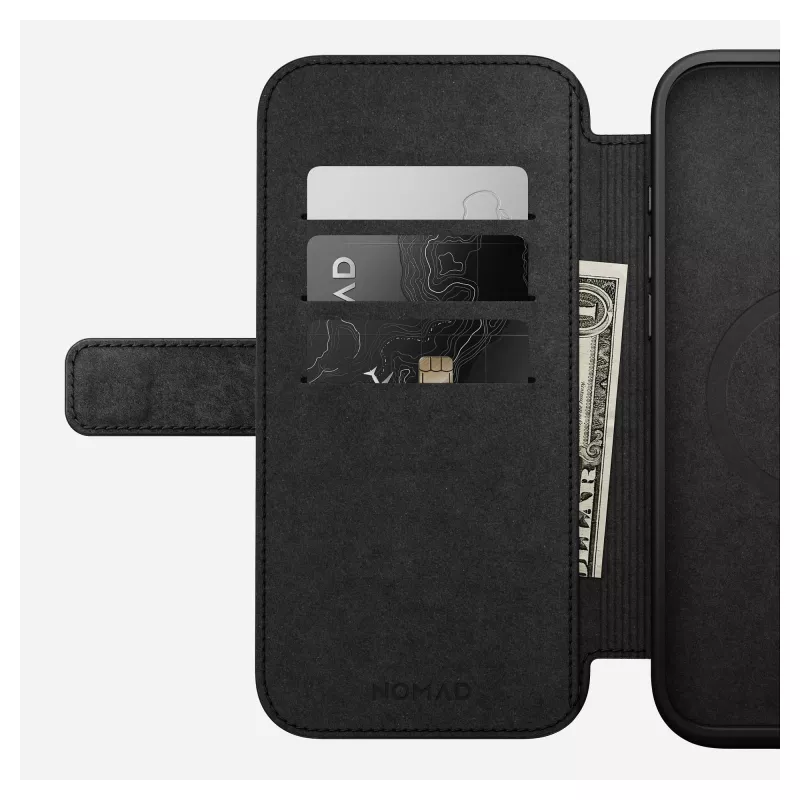 Folio phone case Nomad NM01675785 for Apple phones, fits up to 17.5 cm (6.9 inch), Black, 3 card pockets, desktop stand