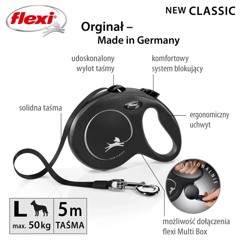 Retractable dog leash Flexi New Classic L 5 m Black – cord, for large breeds (25–45 kg), max load 50 kg