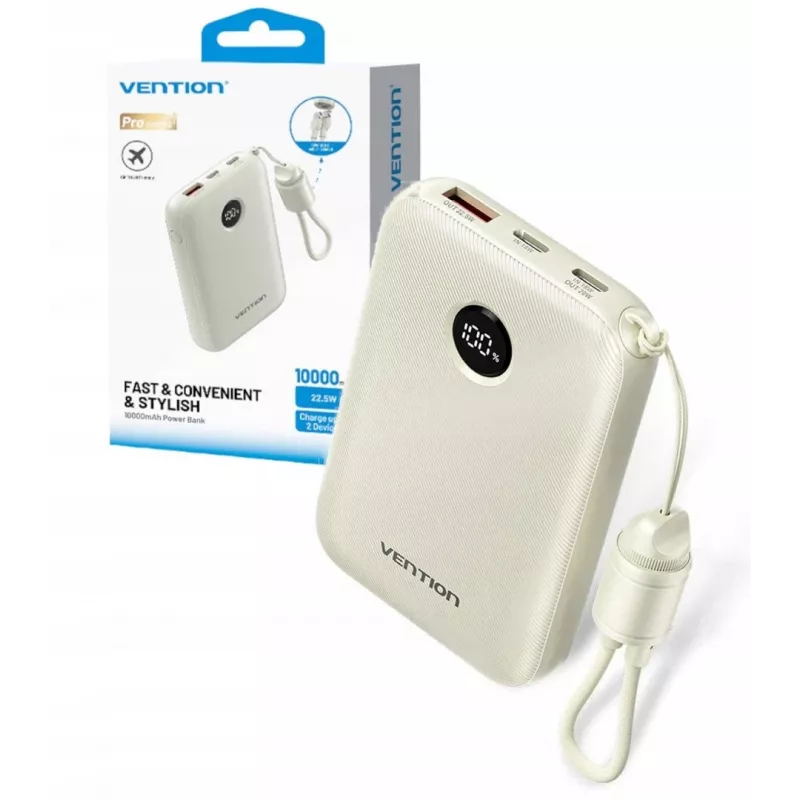Power bank Vention FKAN0-C 10000 mAh — 2× USB-C, 1× USB-A, 22.5 W, Beige