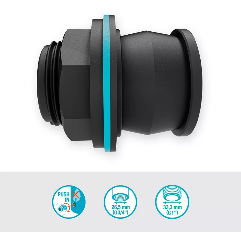 tank connector Push IN, G 1 and G 3/4 (black, for Wall Thicknesses of 2-10mm)