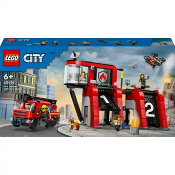 Construction Toy LEGO City Fire Station with Turntable Ladder Vehicle 60414 — 843 pieces, 5 minifigures, 220×320×140 mm