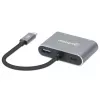 Manhattan USB-C Dock/Hub, Ports (x4): HDMI, USB-A, USB-C and VGA, with Power Delivery (PD) 87W- requires external USB-C charger (not included). USB powered (no external power supply required) when PD is not in use, Aluminium
