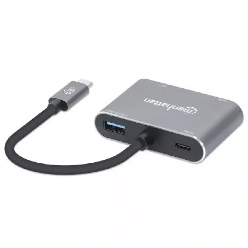 Manhattan USB-C Dock/Hub, Ports (x4): HDMI, USB-A, USB-C and VGA, with Power Delivery (PD) 87W- requires external USB-C charger (not included). USB powered (no external power supply required) when PD is not in use, Aluminium