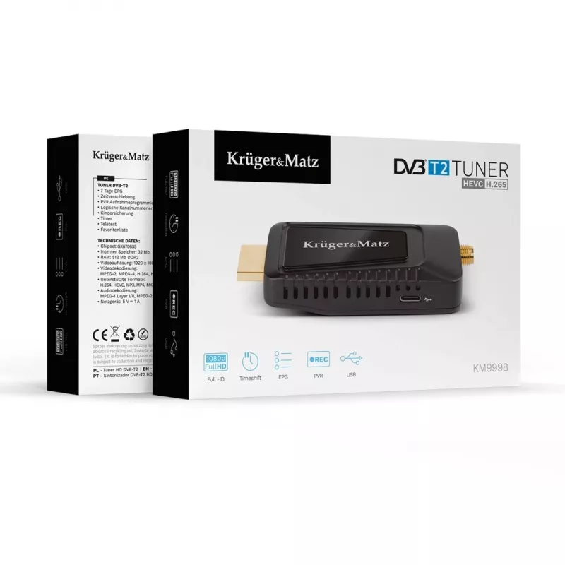 Mini DVB-T2 H.265 HEVC tuner KRUGER & MATZ KM9998, 470–862 MHz, 1 tuner, HDMI, USB, 720p