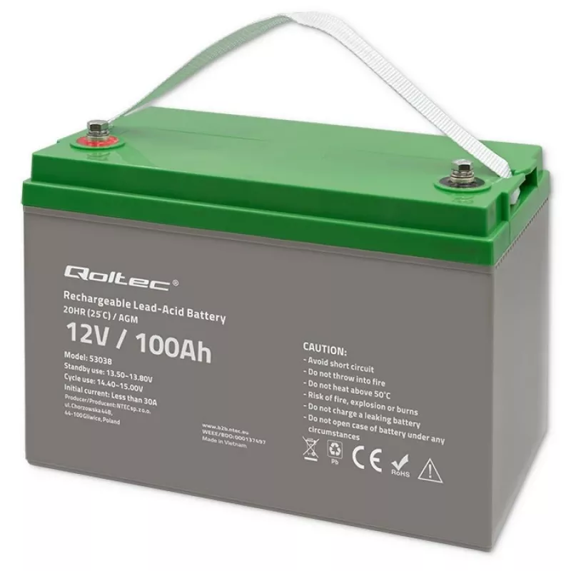 Qoltec 53038 AGM battery | 12V | 100Ah | max 1200A