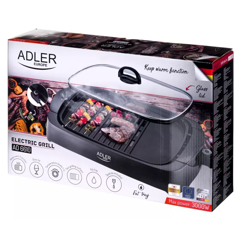 Tabletop electric grill Adler AD 6610, 3000 W, black, rectangular dual-zone grate+griddle