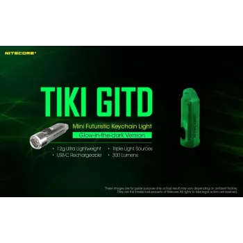 Keychain flashlight Nitecore TIKI GITD Grey — USB rechargeable, 1 lm, 55 mm, 12 g, IP66