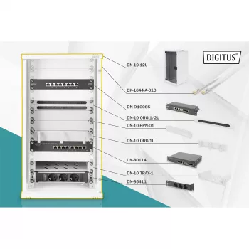 DIGITUS 10 inch Wall-Mounted Network Set 12U, 312 x 300 mm (W x D), Grey RAL 7035, with 8-Port Gigabit Switch, CAT6 Patch Panel, Shelf, Power Strip, and Accessories