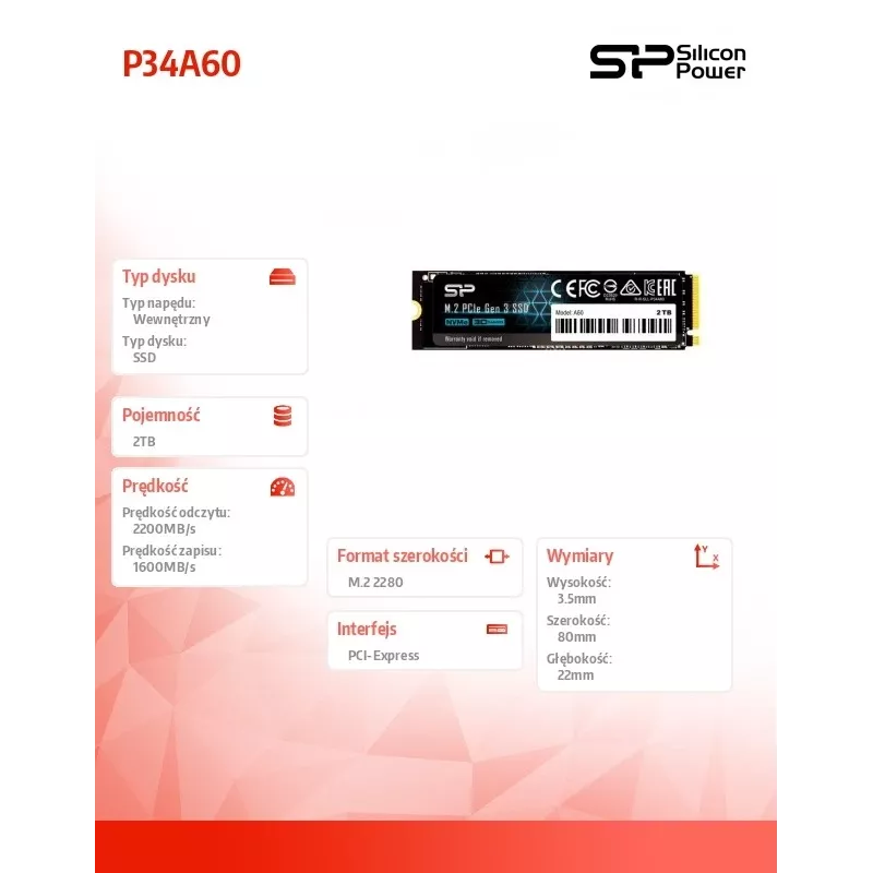 SSD M.2 NVMe Silicon Power P34A60 2 TB, PCIe 3.0 x4, read 2200 MB/s, write 1600 MB/s