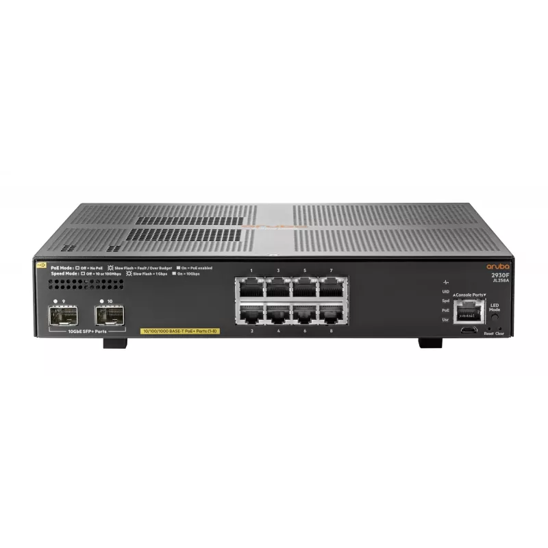 Hewlett Packard Enterprise HPE Aruba 2930F 8G PoE+ 2SFP+ - Switch - L3 - managed - 8 x 10/100/1000 (PoE+) + 2 x 1 Gigabit/10 Gigabit SFP+ (Uplink) - rack-mountable - PoE+ (125