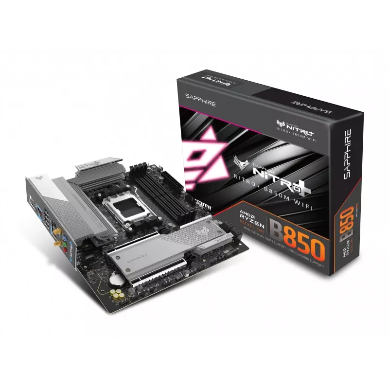 Motherboard Sapphire NITRO+ B850M WIFI — AMD B850, Socket AM5, micro ATX, DDR5, 4x DIMM, Wi‑Fi 6, 2.5Gb LAN, 2x M.2