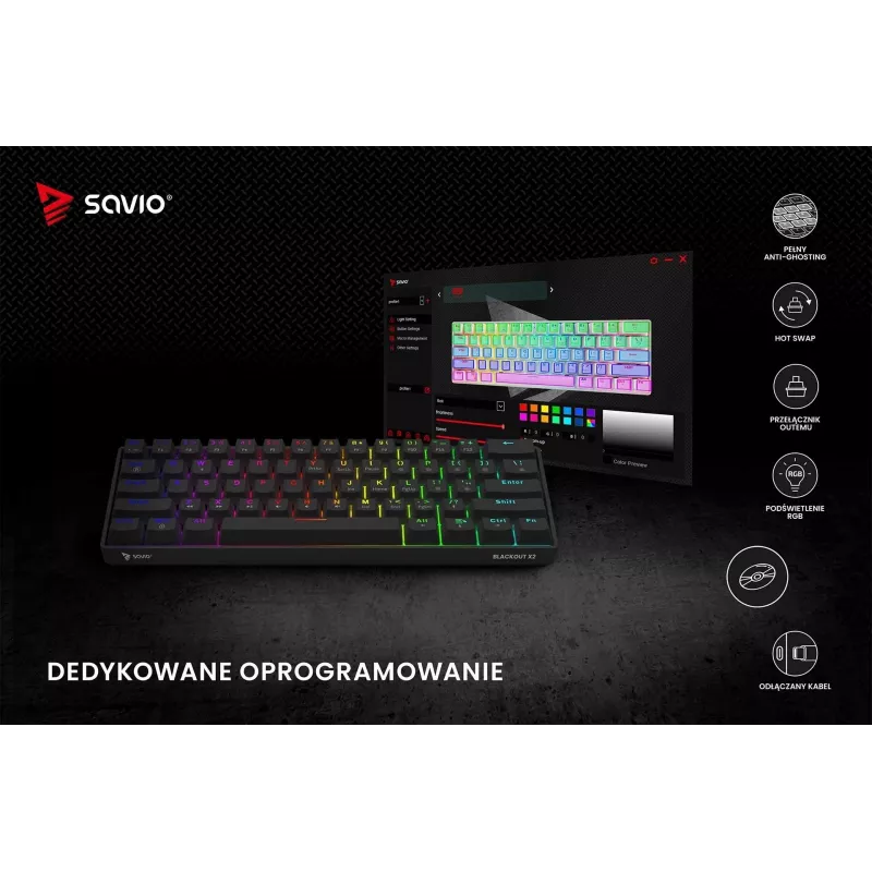 Mechanical gaming keyboard SAVIO BLACKOUT X2 PEACH — 61-key 60% QWERTY, RGB LED, hot-swap, USB Type-A/Type-C, detachable cable