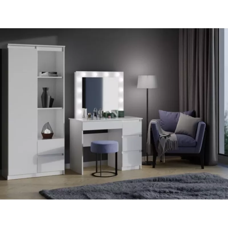 Dressing table set MIJAS, right-handed, top e shop — desk 98×76×51 cm, 4 drawers, LED mirror, white, height 1460 mm