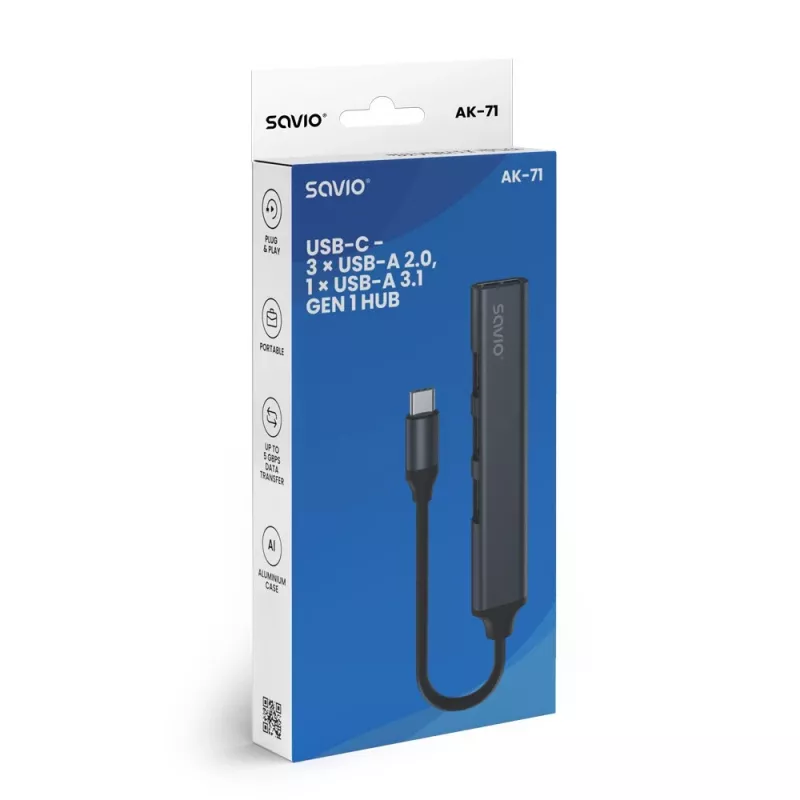 USB 3.0 4-port interface hub SAVIO AK-71 with USB-C host, 5000 Mbit/s, 2-year warranty