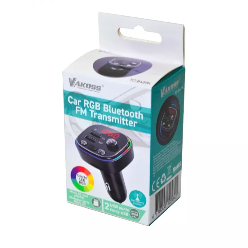 FM transmitter VAKOSS TC-B439K Bluetooth USB, 87.5–108 MHz, microSD/USB playback, 5V/3.1A output, RGB display