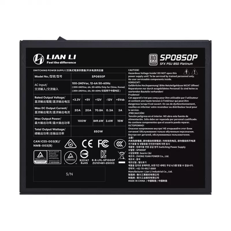 Power supply Lian Li SP Series Platinum SFX 850W fully modular PCIe 5.1 ATX 3.1 (G9P.SP0850P.B000.EU)