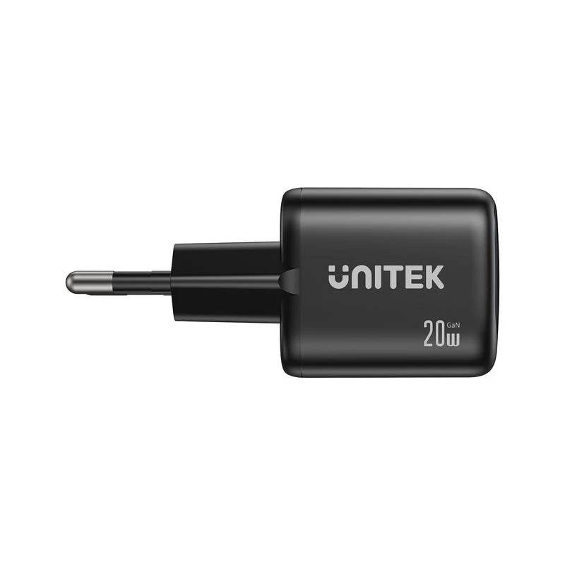 Wall charger Unitek P1128ABK01-EU — 2-port GaN USB‑C & USB‑A, total 20W, black