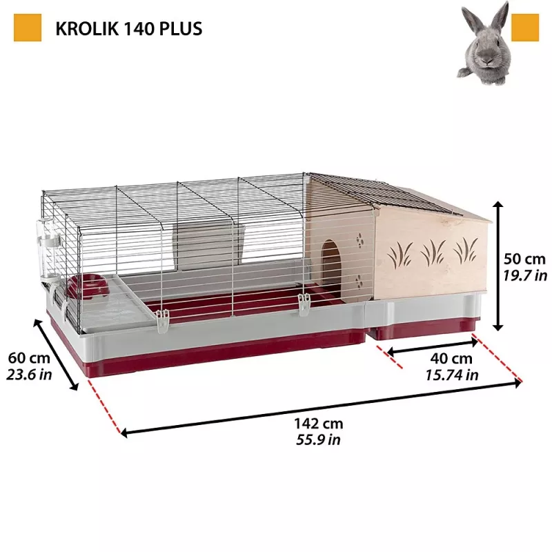 Cage Ferplast Krolik 140 Plus for Rabbit, Grey/Red, W1420×D600×H500 mm, Metal/Plastic