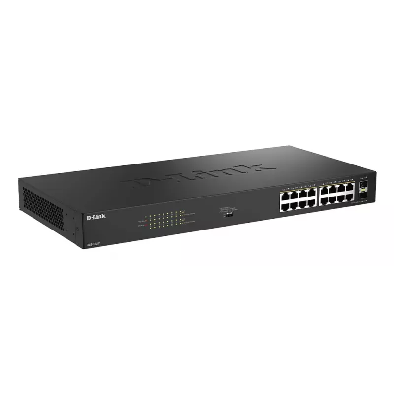 D-Link 18-Port Gigabit Unmanaged PoE Switch DGS-1018P/E — 16 x Gigabit RJ-45, PoE (IEEE 802.3af/at), 36 Gbit/s switching capacity
