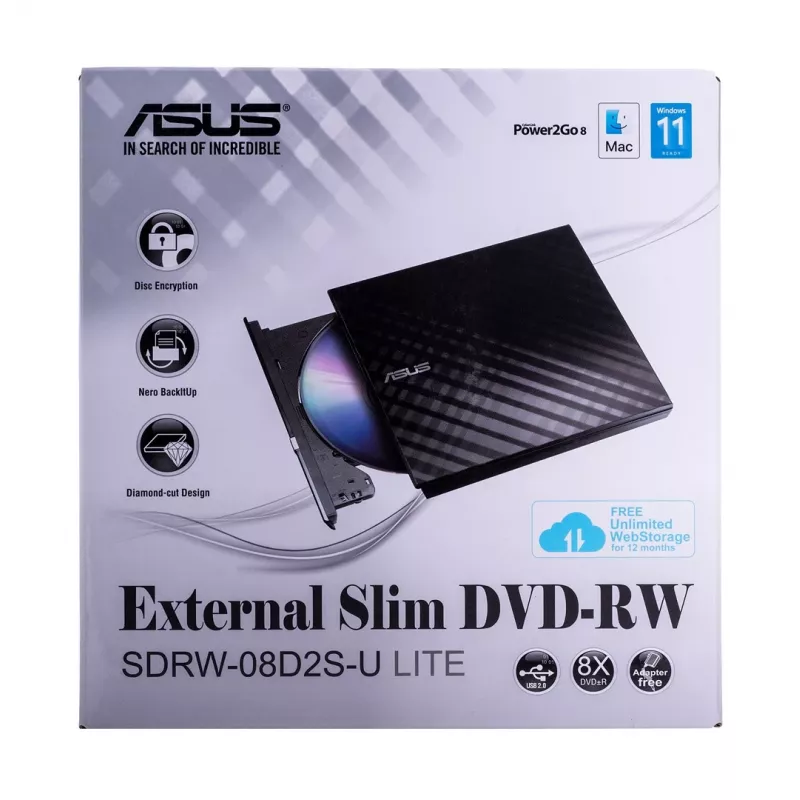 External DVD±RW optical drive ASUS SDRW-08D2S-U Lite, USB 2.0, black, 24x CD / 8x DVD, 142×142×20 mm
