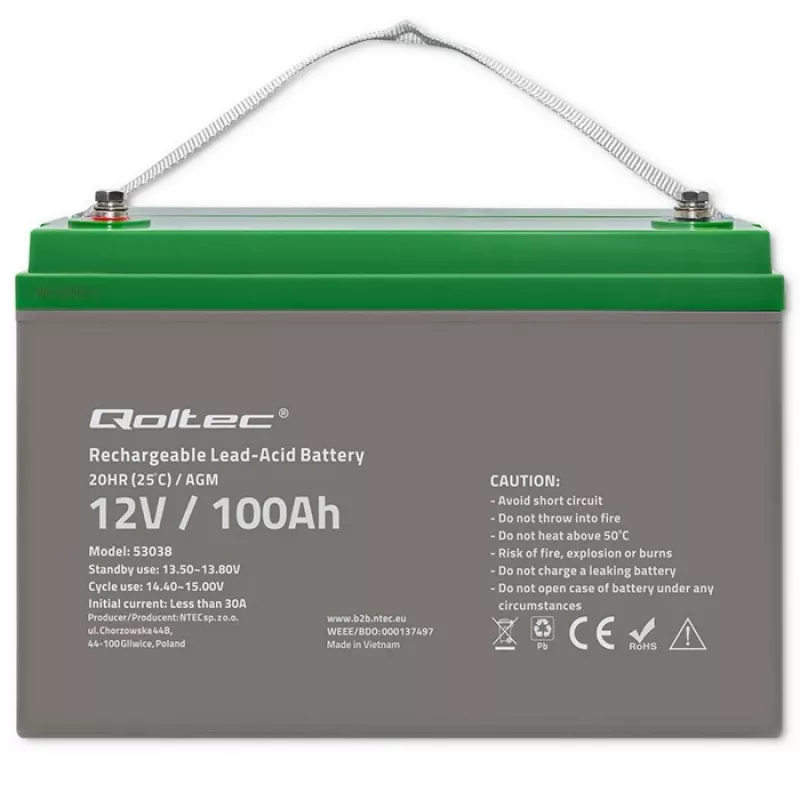 Qoltec 53038 AGM battery | 12V | 100Ah | max 1200A