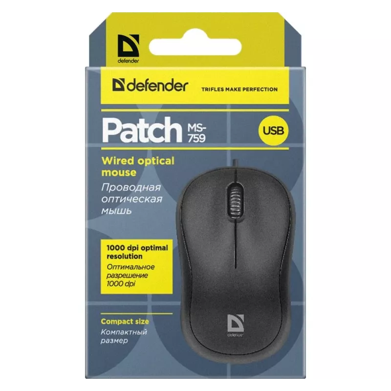 Wired optical mouse DEFENDER PATCH MS-759 USB Type-A, ambidextrous, 1000 DPI, black