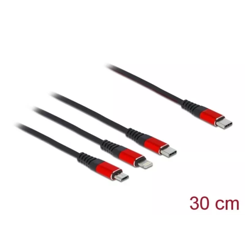USB Charging Cable DeLOCK 86710 3 in 1 USB Type-C to Lightning Micro USB 30 cm Black Red