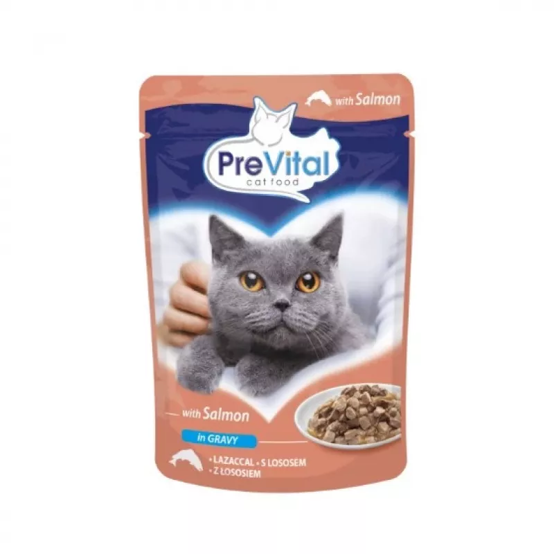 Wet cat food PREVITAL Cat Food Mix 4 Flavors — Chicken, Veal, Salmon, Poultry, 96 x 100 g sachets (9.6 kg, adult)